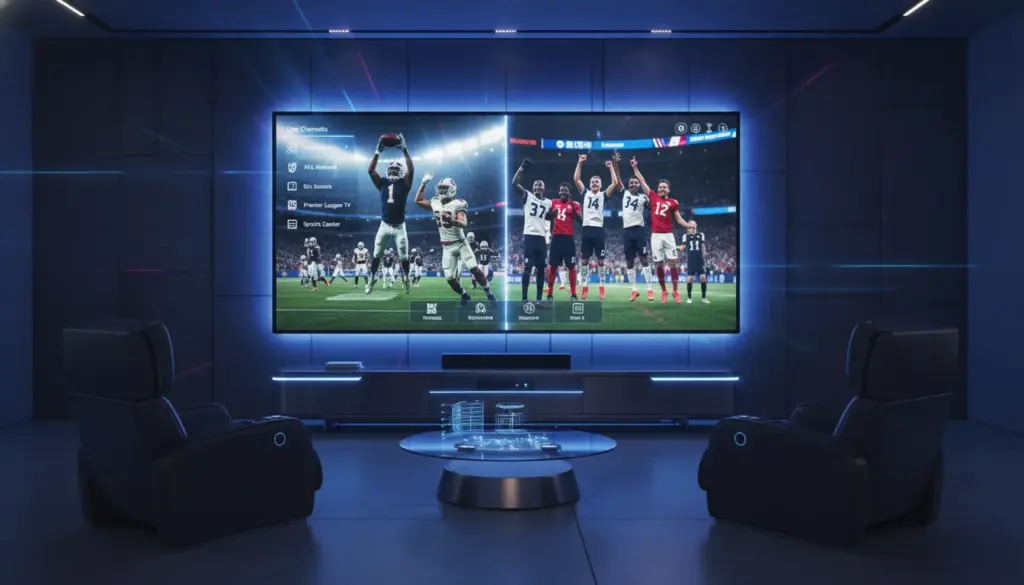 Best IPTV for live sports: Modern home theater setup streaming live NFL and Premier League sports on a high-definition IPTV interface.