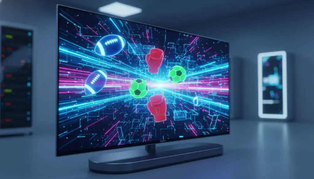 Abstract digital visualization of high-speed IPTV streaming for live sports and PPV events.