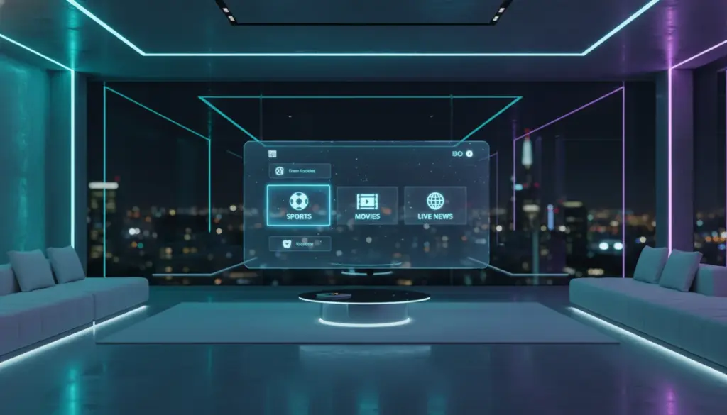 Best Premium 4K IPTV Ultra-high-definition 4K IPTV interface displayed on a premium OLED television in a modern smart home setting.