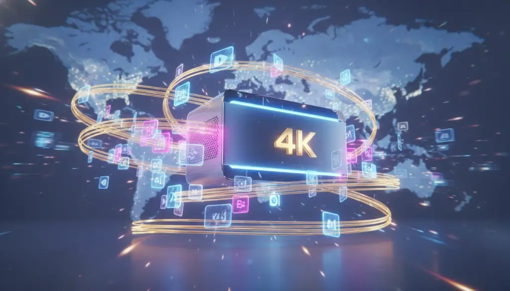 Futuristic visualization of high-speed global IPTV streaming data and premium 4K multimedia content delivery.
