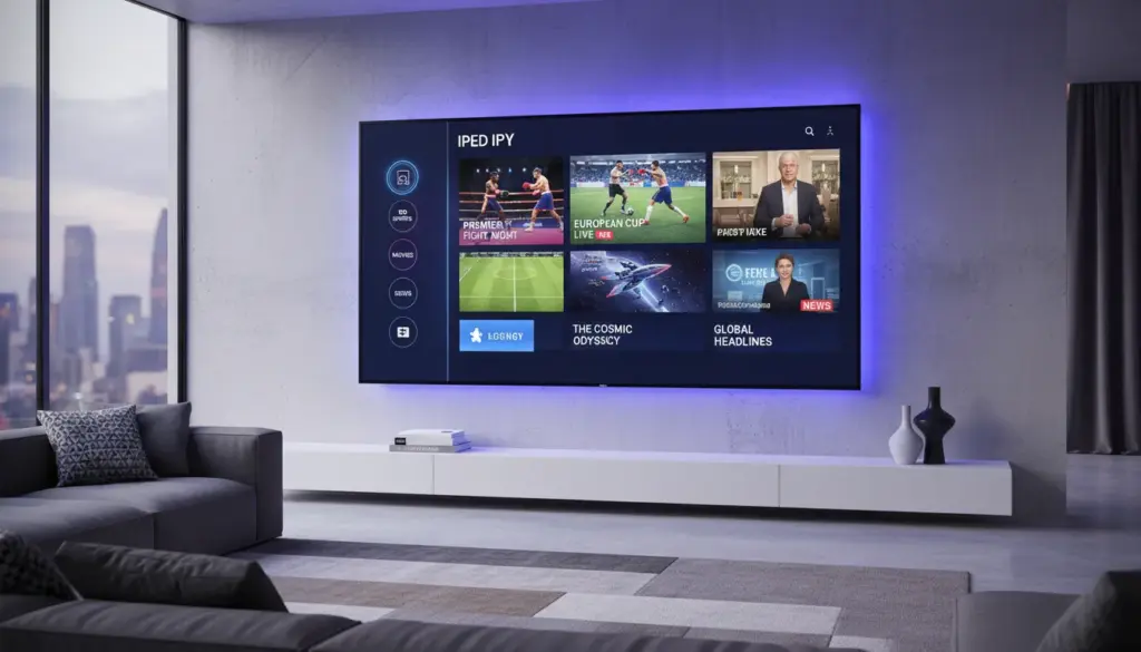 IPTV for Smart TV 2026 Modern Samsung Smart TV displaying a vibrant IPTV streaming interface in a luxury living room.
