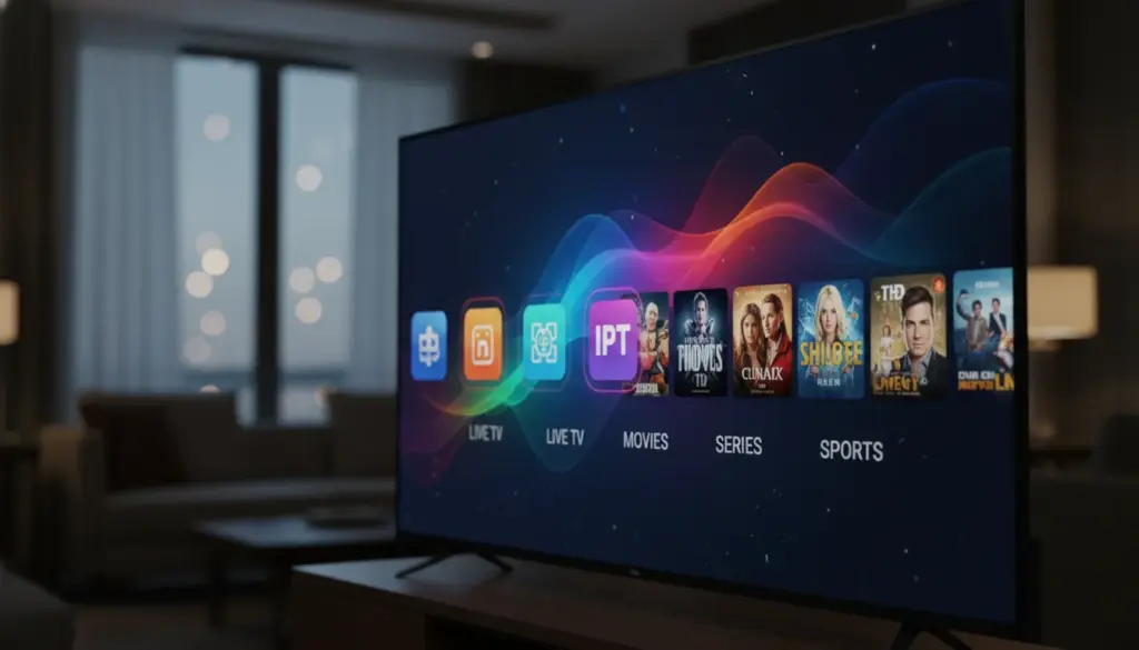 Close-up of an LG Smart TV interface showing high-definition IPTV channel selections and movie thumbnails.