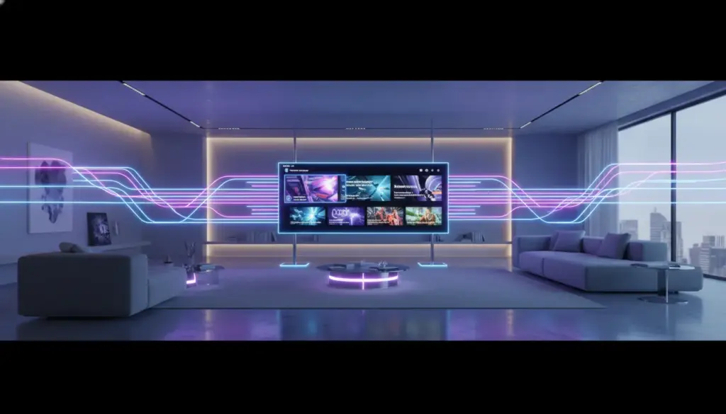 What is premium IPTV A futuristic living room in 2026 showing a vibrant premium IPTV interface on a transparent smart screen.